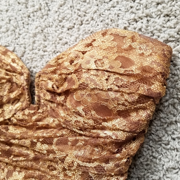 Bronze/Gold Lace Overlay Strapless Formal Gown - Picture 9 of 15